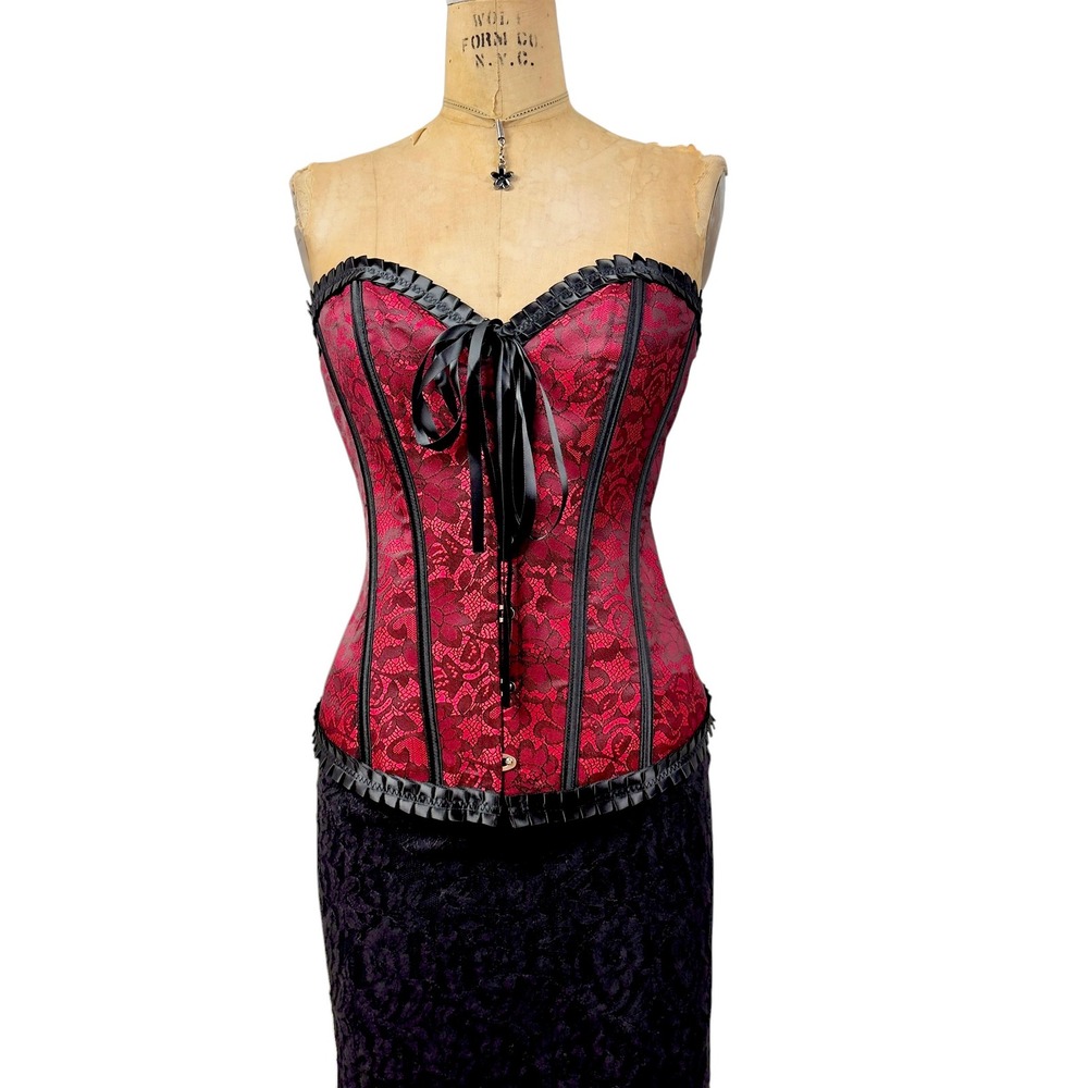 Gothic Red Black Lace Corset Pleated Trim Lace Up Dark Romantic Size Large